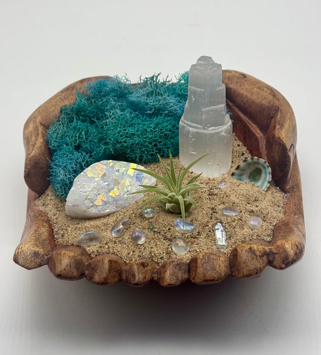 Hand Carved Wood Hands Bowl DIY Air Plant Kit | Crystal Terrarium Gift | Beach Decor | Angel Aura Crystal | Nature Inspired Gift