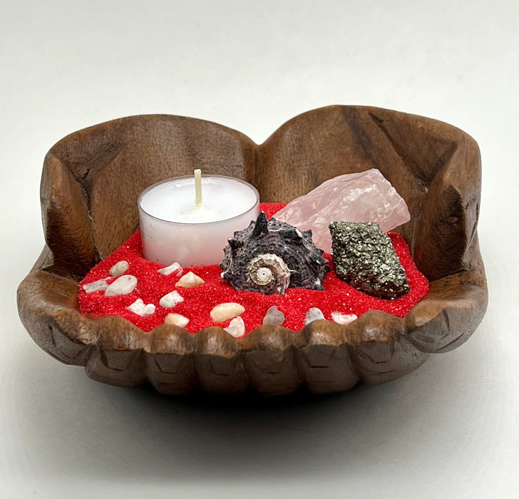 Hand-Carved Beach Decor with Tea Light Candle | Coastal-Inspired Natural Candle Holder | Rose Quartz, Pyrite, Nautical Shell, Red Sand Base