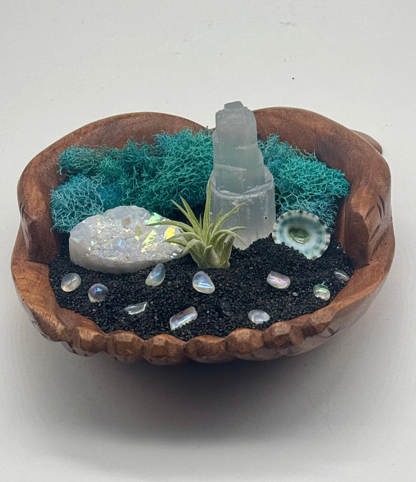 Hand Carved Wood Hands Bowl DIY Air Plant Kit | Crystal Terrarium Gift | Beach Decor | Angel Aura Crystal | Nature Inspired Gift