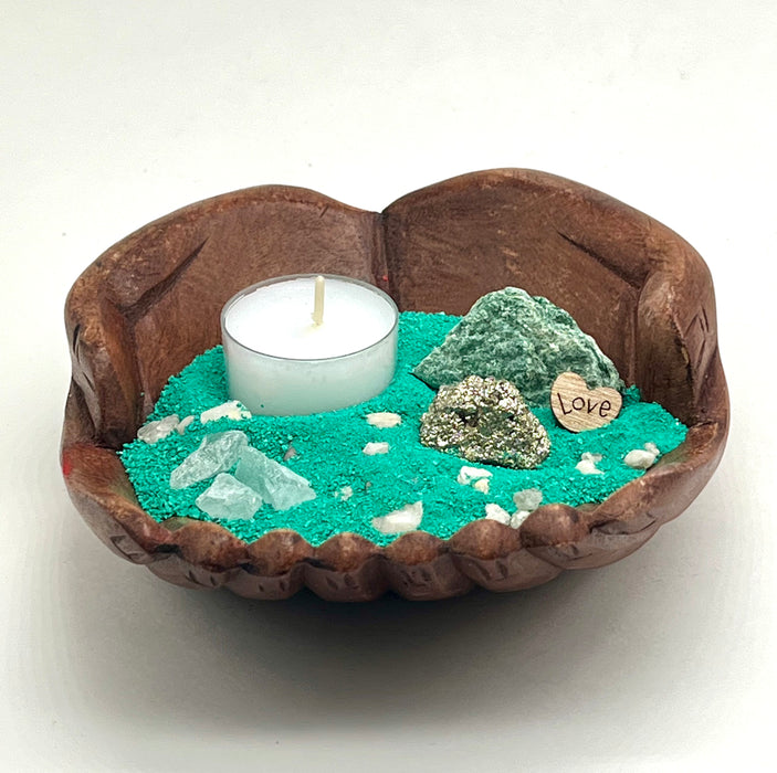 Coastal Tea Light Holder | Hand-Carved Wood Hands | Fuchsite & Pyrite Crystals | Sea Glass Decor | Beach Candle Gift Idea