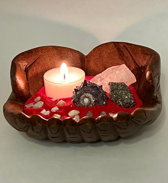 Hand-Carved Beach Decor with Tea Light Candle | Coastal-Inspired Natural Candle Holder | Rose Quartz, Pyrite, Nautical Shell, Red Sand Base