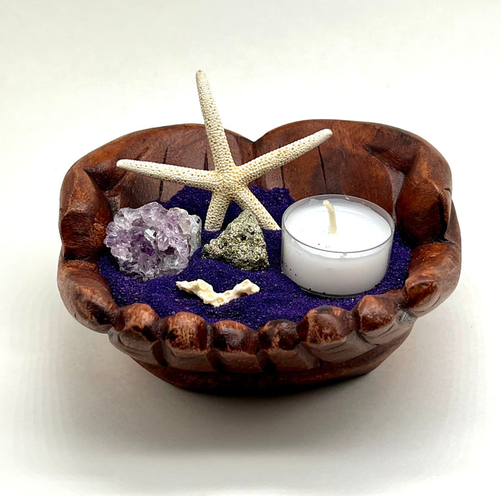 Hand Carved Wood Candle Holder with Amethyst & Pyrite | Beach Decor | Purple Sand | Crystal Gift | Nautical Tea Light Set