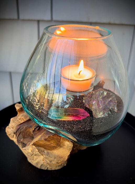Hand-Blown Glass Candle Holder on Natural Wood | Unique Home Decor | Aura Quartz + Peacock Rock | Nature-Inspired Coastal Display