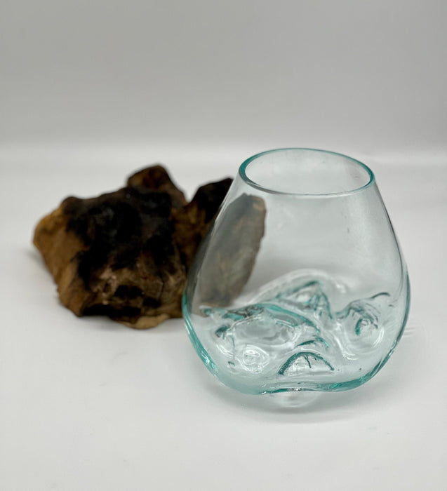 Hand-Blown Glass Candle Holder on Natural Wood | Unique Home Decor | Aura Quartz + Peacock Rock | Nature-Inspired Coastal Display