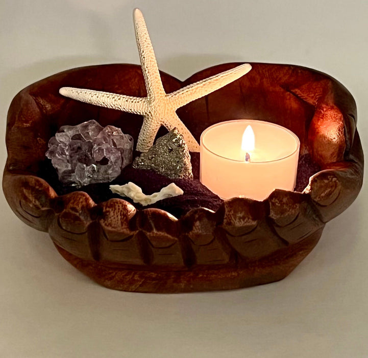 Hand Carved Wood Candle Holder with Amethyst & Pyrite | Beach Decor | Purple Sand | Crystal Gift | Nautical Tea Light Set