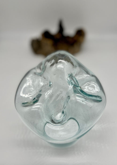 Hand-Blown Glass Candle Holder on Natural Wood | Unique Home Decor | Aura Quartz + Peacock Rock | Nature-Inspired Coastal Display