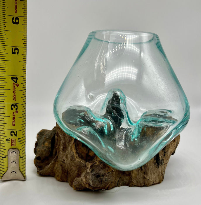 Hand-Blown Glass Candle Holder on Natural Wood | Unique Home Decor | Aura Quartz + Peacock Rock | Nature-Inspired Coastal Display