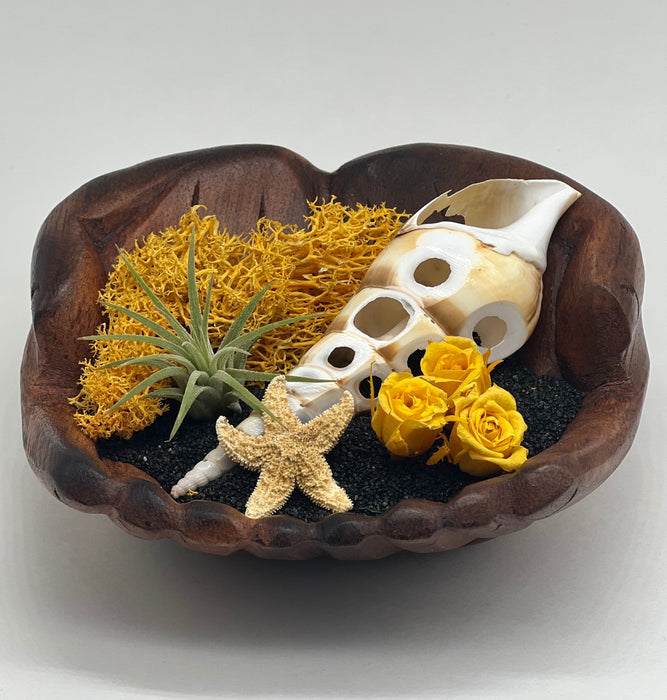 Beach Air Plant Display Kit with Yellow Roses – Coastal DIY Terrarium in Carved Wood Hands – Shell, Starfish & Live Tillandsia