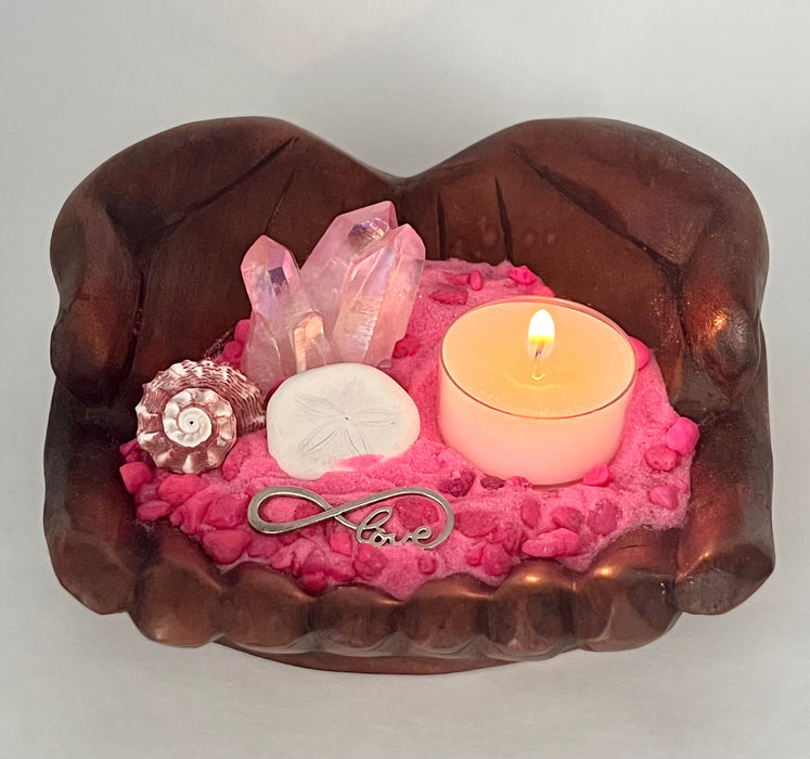 Pink Aura Quartz Candle Holder | Hand-Carved Wood Hands | Tea Light + Shells + Sand Dollar | Crystal Decor Gift | Coastal Home Accent