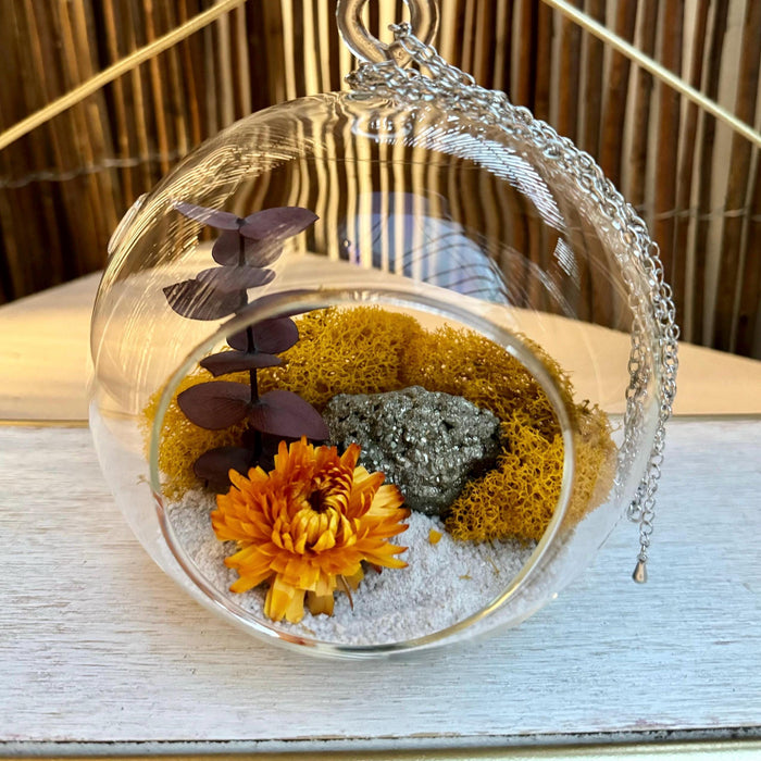 Pyrite Gold DIY Terrarium Kit with Preserved Chrysanthemum, Desktop Zen Decor, Hanging Chain Included