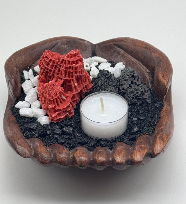 Ocean Meets Earth Candle Holder – Wooden Hand Bowl with Red Coral, Volcanic Rock, Black Sand | Coastal & Nature Decor Gift