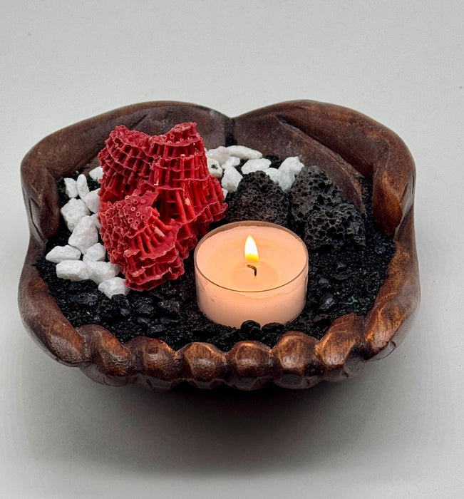 Ocean Meets Earth Candle Holder – Wooden Hand Bowl with Red Coral, Volcanic Rock, Black Sand | Coastal & Nature Decor Gift