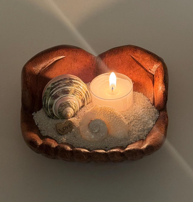 Coastal Candle Holder – Wooden Hand Bowl with Seashells, White Sand & Love Chip Stone | Nautical Beach Decor | Ocean Gift Idea