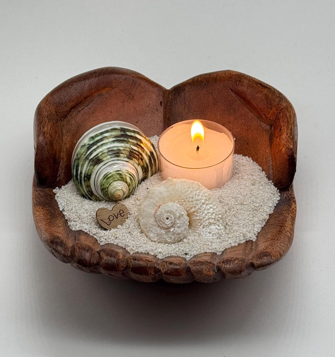 Coastal Candle Holder – Wooden Hand Bowl with Seashells, White Sand & Love Chip Stone | Nautical Beach Decor | Ocean Gift Idea