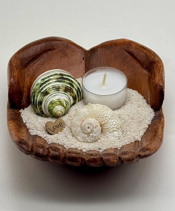 Coastal Candle Holder – Wooden Hand Bowl with Seashells, White Sand & Love Chip Stone | Nautical Beach Decor | Ocean Gift Idea