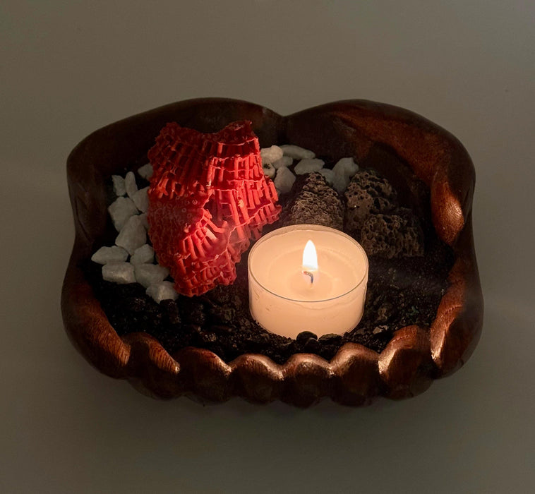Ocean Meets Earth Candle Holder – Wooden Hand Bowl with Red Coral, Volcanic Rock, Black Sand | Coastal & Nature Decor Gift