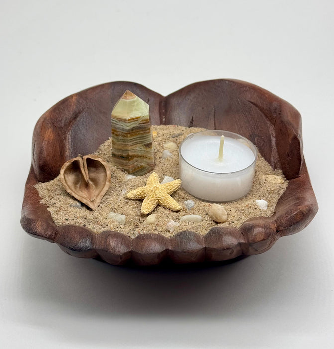 Afghanistan Jade Candle Holder | Green Crystal Tealight in Hand-Carved Wood Bowl | Natural Stone Decor Gift