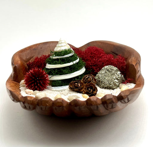 DIY Hand-Carved Wood Hands Bowl with Green Christmas Spiral Shell Tree, Red Preserved Echinop, Pyrite Gold Decor and More