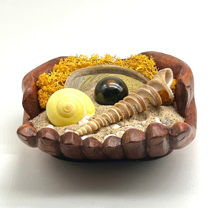 DIY - Hand-Carved Wooden Bowl & Tiger Eye Sphere Set with Shells, Preserved Moss, and Sand - Unique Home Decor, Natural Artistic Centerpiece