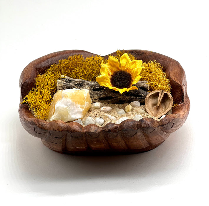 DIY Coastal Elegance & Nature-Inspired Charm: Handcrafted Wood Hands Bowl with Calcite, Sunflower, and More