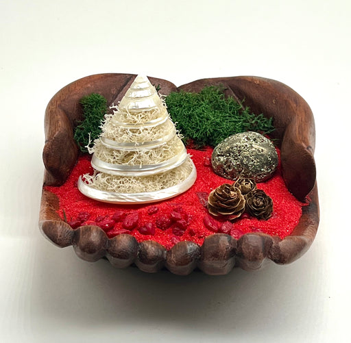 DIY Hand-Carved Wood Hands Bowl with White Christmas Spiral Shell Tree,  Mini Pine Cones, Pyrite Gold Sphere and More