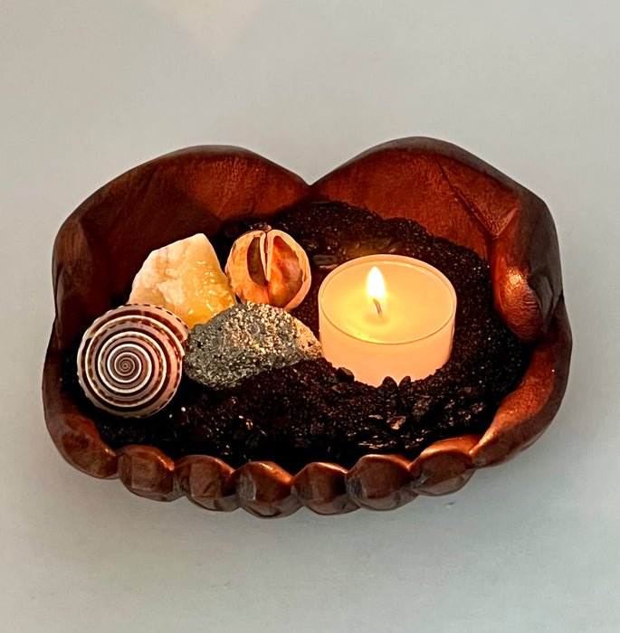 Autumn Beach Getaway - Nautical Tea Light Holder with Orange Calcite, Golden Pyrite, Heartnut & Sundial Shell on Black Sand - Home Decor