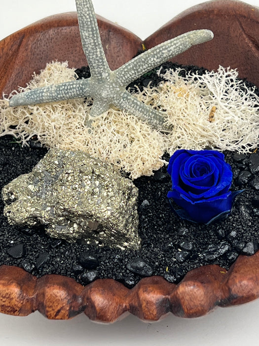 DIY Coastal Elegance: Hand-Crafted Wood Decor with Peacock Crystal and Royal Blue Preserved Rose