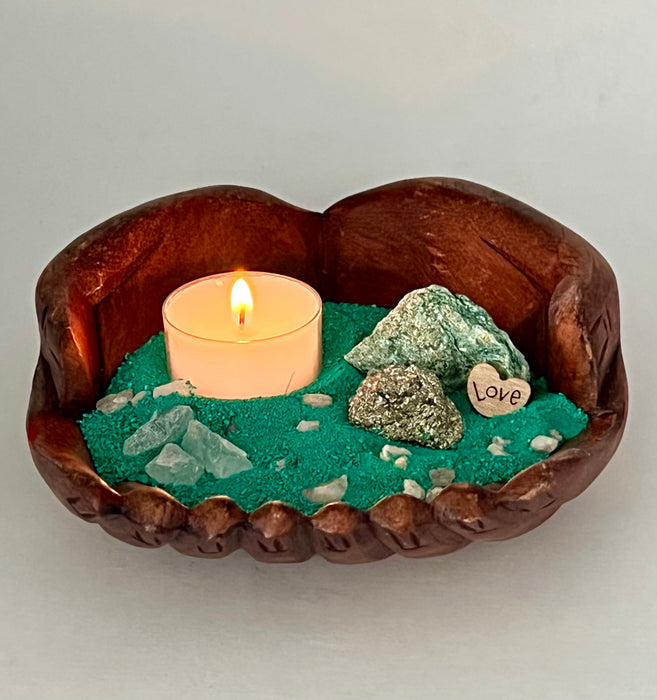 Hand Carved Wood Hands Tea Candle Holder - Natures Elegance with Fuchsite, Pyrite Gold, Sea Glass, Love Charm, Pebbles, and Turquois Sand