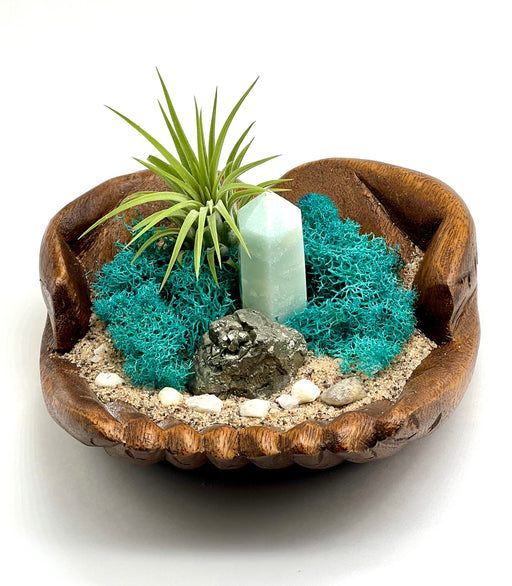 Coastal-Inspired Hand-Carved Wood Air Plant Holder Set with Amazonite Tower, Pyrite Gold Crystal, Preserved Moss, Sand and Pebbles
