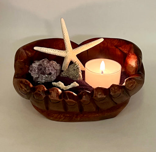 Purple Sand Nautical Decor - Wood Tea Candle Set with Genuine Amethyst Crystal, Pyrite Gold Crystal, Coral, and Starfish Accents