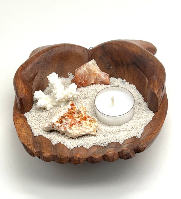 Beachy Tea Light Holder - Wood Carved Hands with Vanadinite Crystal, Red Calcite, Coral Piece, and White Sand - Limited Edition