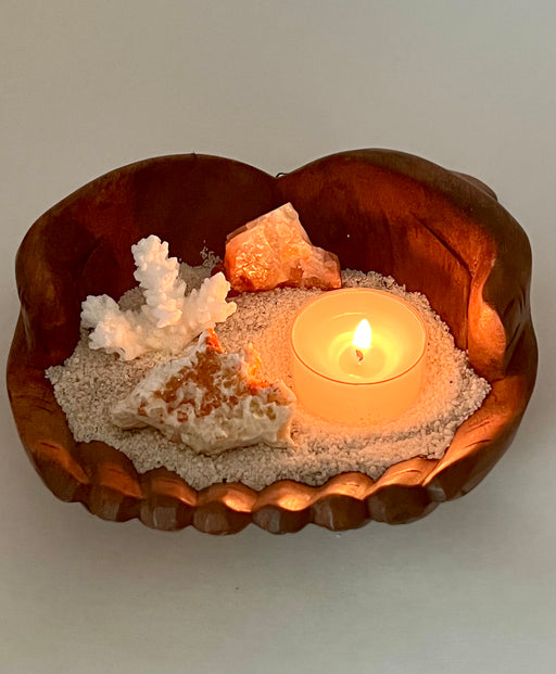Beachy Tea Light Holder - Wood Carved Hands with Vanadinite Crystal, Red Calcite, Coral Piece, and White Sand - Limited Edition