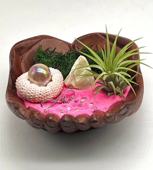Hand Carved Wood with Air Plant, Angel Aura Quartz Sphere, Pink Sand, Green Preserved Moss, Pebbles, Shell, Charm, and Lime Green Quartz