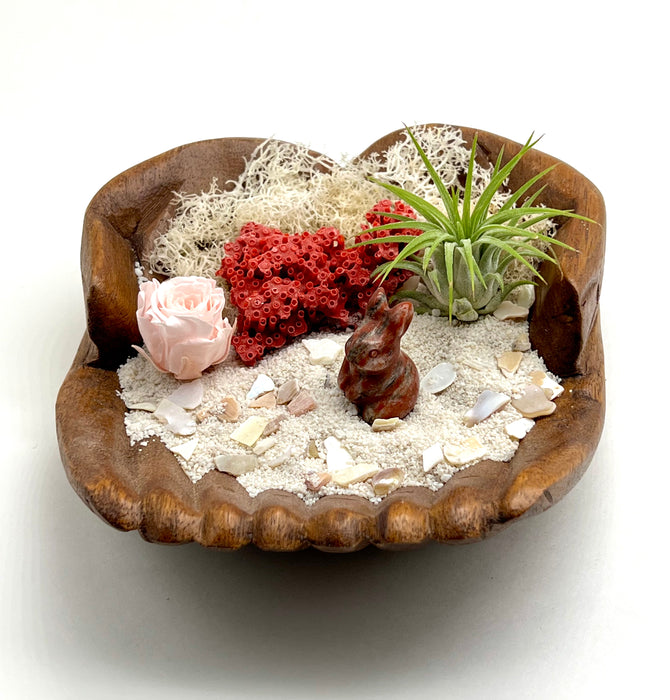 Red Jasper Bunny Stone Air Plant Display with Red Coral and Pink Rose - Coastal Decor Delight