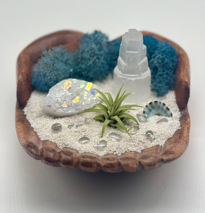 Coastal-Inspired Hand-Carved Wood Air Plant Holder Set with Amazonite Tower, Pyrite Gold Crystal, Preserved Moss, Sand and Pebbles