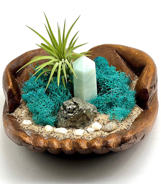 Hand-Carved Wood Air Plant Holder Set with Amazonite Tower, Pyrite Gold Crystal, Preserved Moss, Sand, and Pebbles  Coastal-Inspired Decor