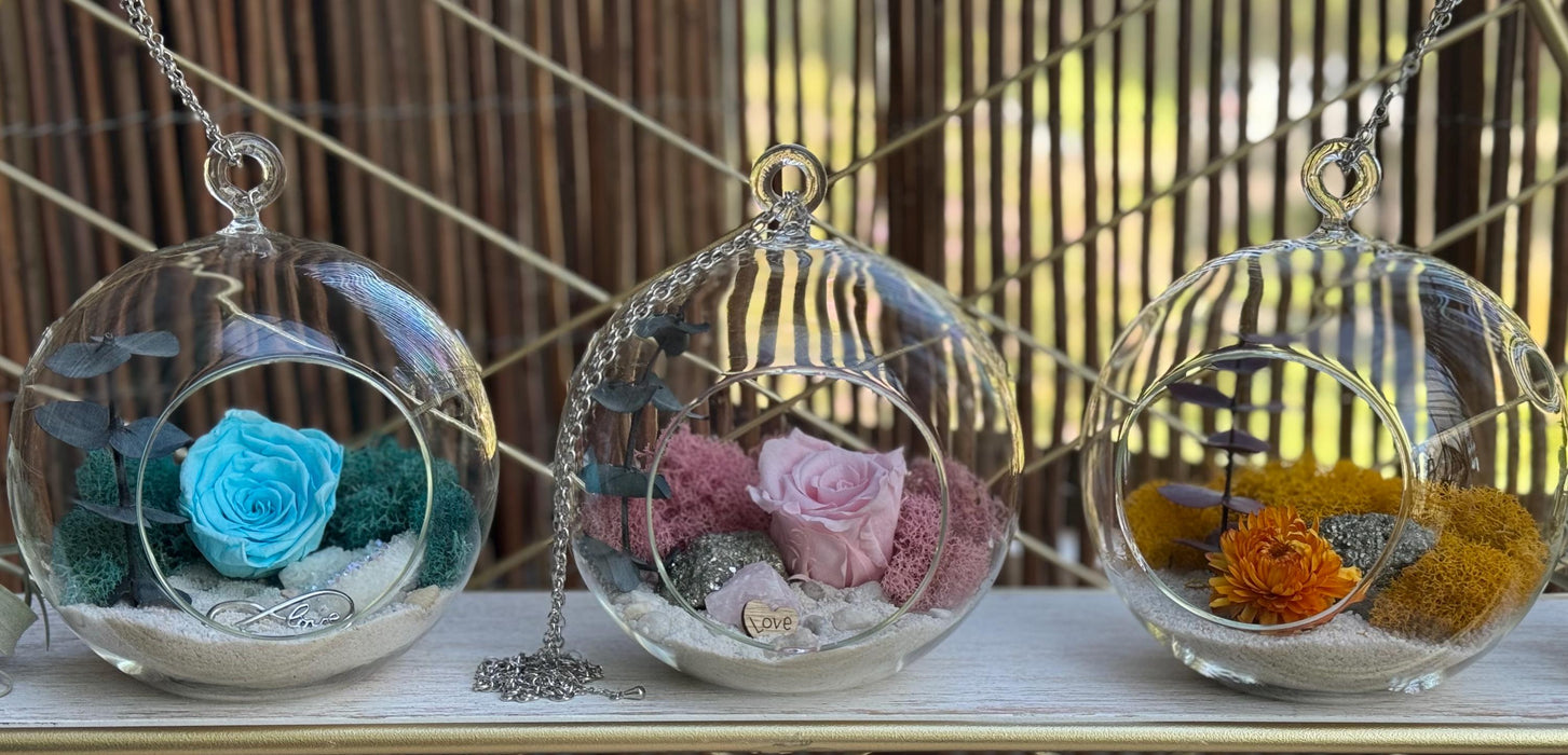 Pyrite Gold DIY Terrarium Kit with Preserved Chrysanthemum, Desktop Zen Decor, Hanging Chain Included