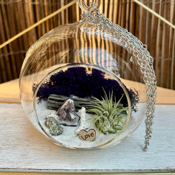 Amethyst Hanging Air Plant Terrarium - DIY Gift for Plant Lovers - Desktop Decor with Hanging Chain - 5x5