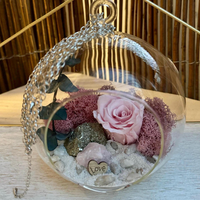 Preserved Pink Rose Hanging Terrarium Kit, Gold Pyrite Stone, Zen Desktop Decor, Office Gift for Her