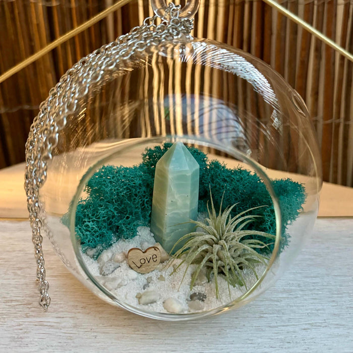 DIY Hanging Glass Globe Terrarium with Amazonite Obelisk Kit,  Air Plant included 5x5 Inch