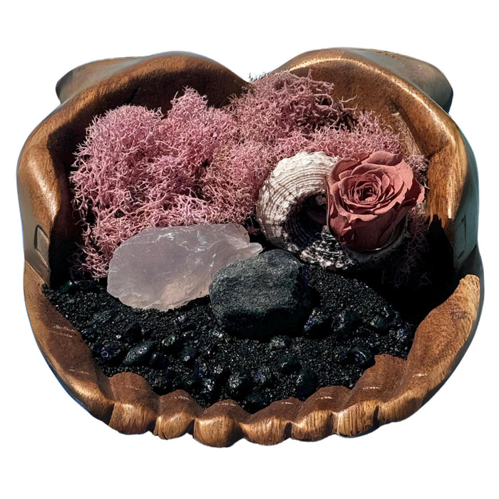 Genuine Rose Quartz with Mini Preserved Pink Rose  Pink and Black Beach Theme with Black Sand