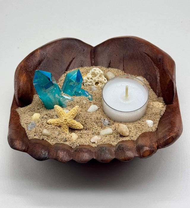 Coastal Candle Holder with Blue Crystal Quartz, Coral, Starfish, and Tea Light in Carved Wooden Hand Bowl