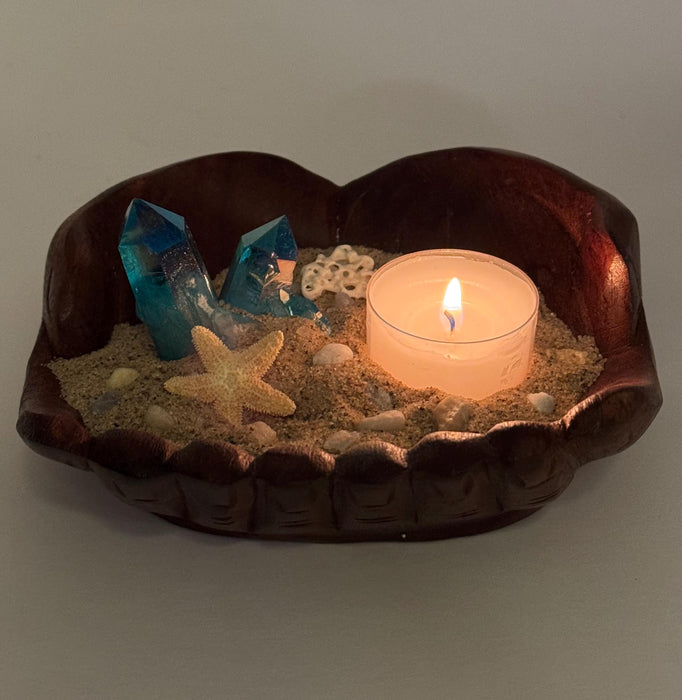 Coastal Candle Holder with Blue Crystal Quartz, Coral, Starfish, and Tea Light in Carved Wooden Hand Bowl