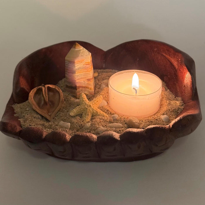 Afghanistan Jade Tower Coastal Candle Holder, Starfish, and Heart Nutshell in Carved Wooden Hand Bowl