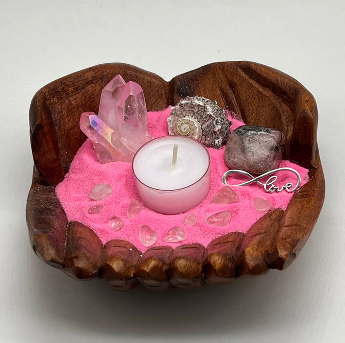Pink Crystal Quartz Tea Light Candle Holder with Rhodonite Tumble Stone and Seashell, Coastal-Inspired Home Decor.  A Serene Beach Ambience