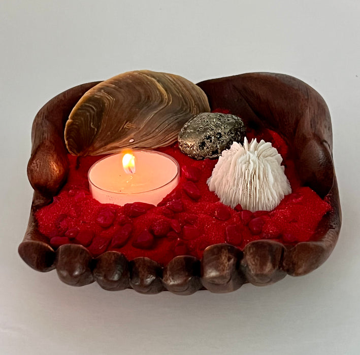 Relaxing Holiday DIY Candle Gift - Tea Light Beachy Candle Holder with Glistening Pyrite Crystal Sphere, Mushroom Coral, and More!