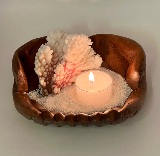 Handcrafted Wooden Carved Hand, Tea-Light Candle Holder with White Sand and 1-2 inch Coral Piece: Unique and Beautiful Home Decor Accent