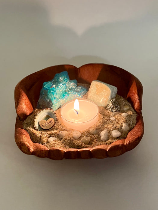 Blue Crystal Quartz Tea Light Candle Holder with Aragonite Tumble Stone, Pyrite Crystal and Seashell, Nautical Home Decor