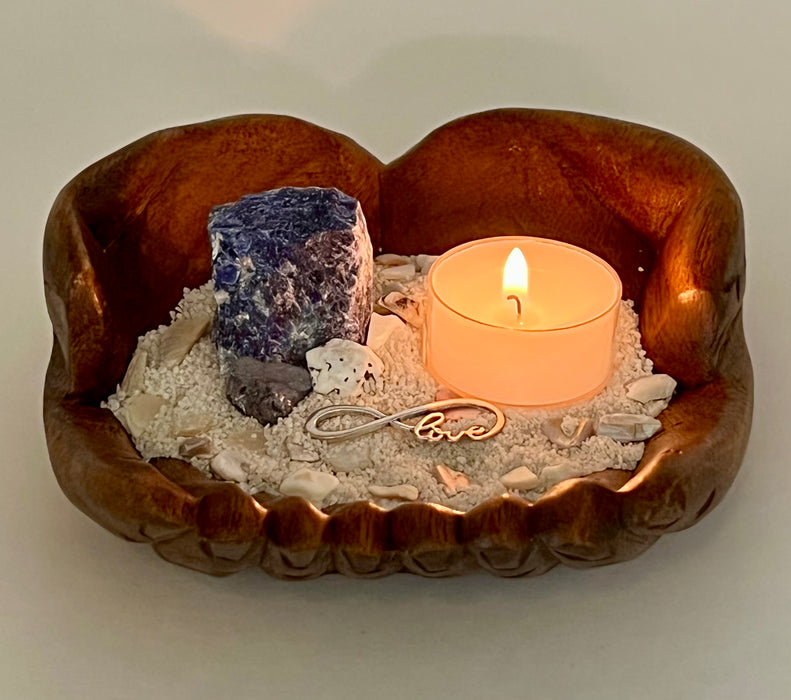 Unique Handcrafted Wooden Hand Tea Light Candle Holder: Exquisite Sodalite, Galena, Limpet, and Coral Shell Accents for a Serene Ambience