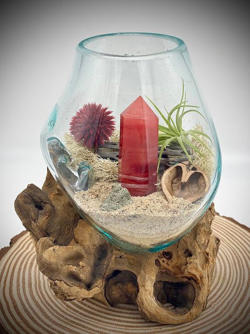 Elevate Your Space with Our Red Smelting Quartz Obelisk + Heart Nutshell + Air Plant Terrarium, Complete with Blown Glass DIY Beach Decor